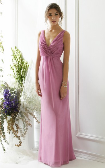 Ruched V-Neck Sleeveless Chiffon Bridesmaid Dress With Bow