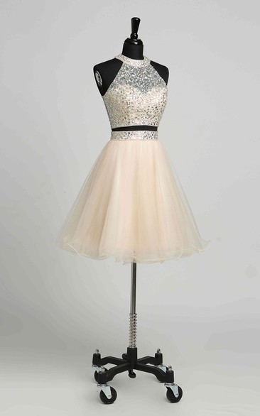 A-Line Sleeveless Short Mini Keyhole Romantic Tulle Dress with Beading Sequins