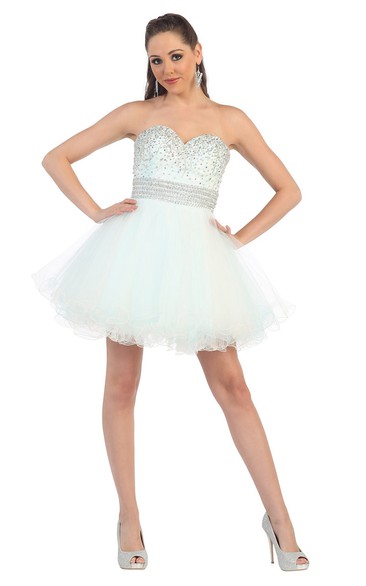 A-Line Short Sweetheart Sleeveless Tulle Backless Dress With Ruffles And Beading