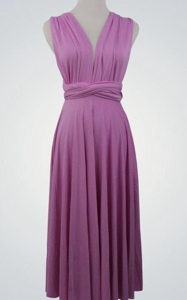 V Neck Sleeveless A-line Pleated Jersey Knee Length Dress With Sash