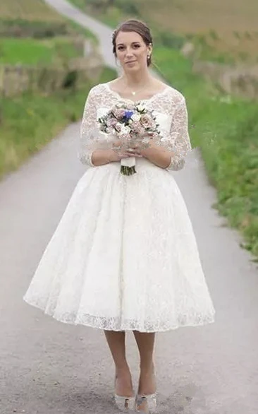 Vintage 3/4 Illusion Lace Sleeve Tea-length Wedding Dress With Buttons