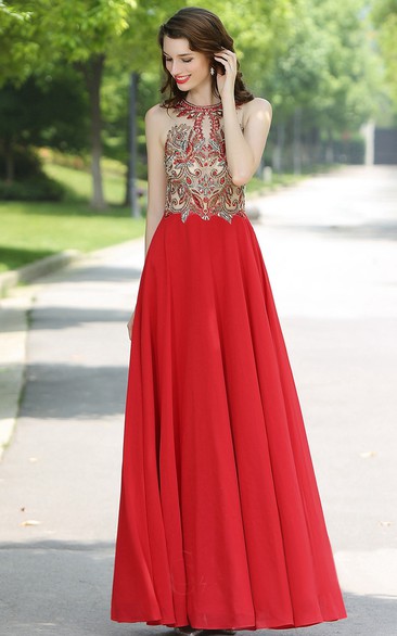 Empire Floor-Length Halter Sleeveless Empire Chiffon Appliques Illusion Dress