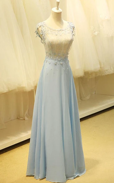 Floor-length Scoop Appliques Keyhole Chiffon Dress