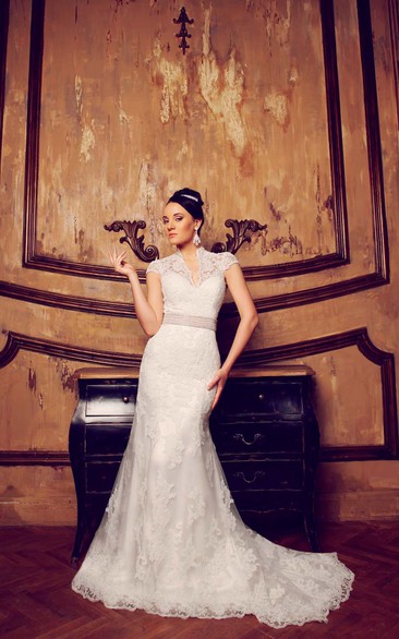 Mermaid Floor-Length V-Neck Cap-Sleeve Illusion Lace Dress With Appliques And Waist Jewellery