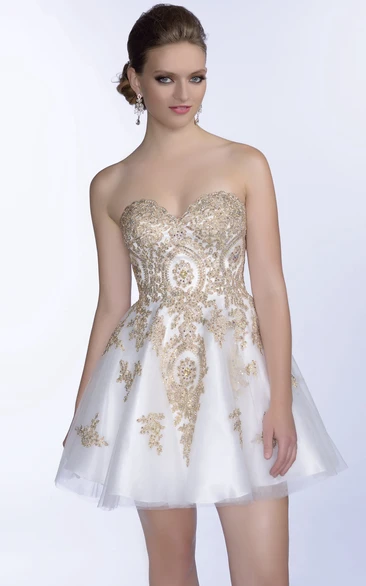 Mini A-Line Sweetheart Metallic Prom Dress With Beaded Appliques