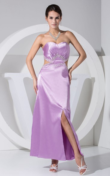 Strapless Beaded Satin Dress With Keyhole