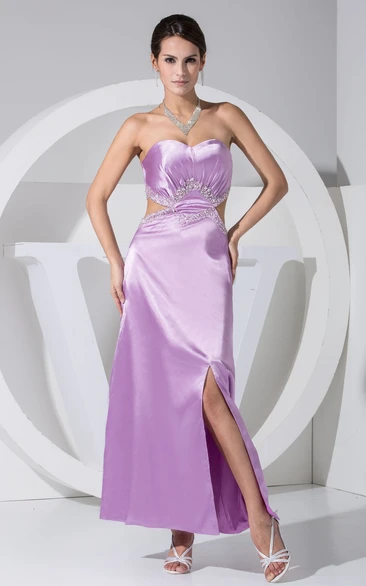 Strapless Beaded Satin Dress With Keyhole