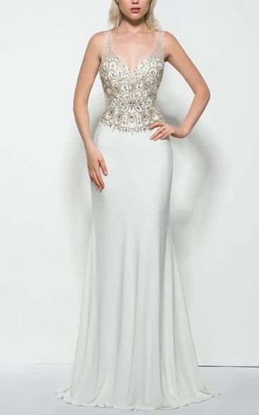 Sheath V-Neck Beading Sweep Train Prom Dress