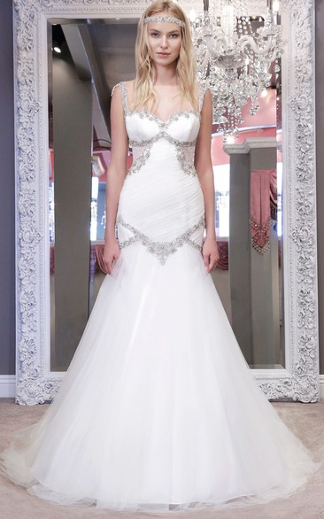 A-Line Beaded Long Spaghetti Sleeveless Tulle Wedding Dress With Backless Style And Ruching