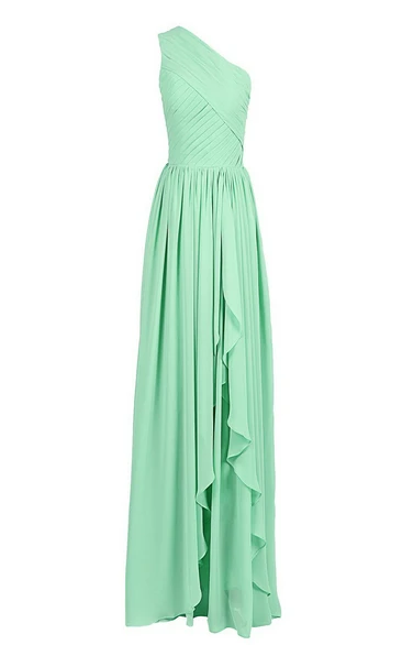 One-shoulder Drapped Chiffon A-line Gown With Pleats