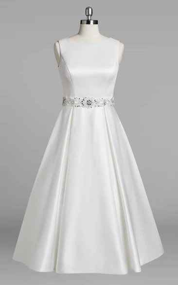 Jewel Neck Sleeveless A-Line Tea-Length Satin Wedding Dress With Beading