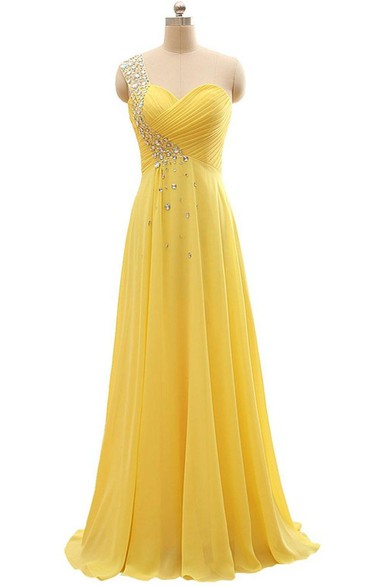 Floor-length One-Shoulder Chiffon Pleats Beading Dress