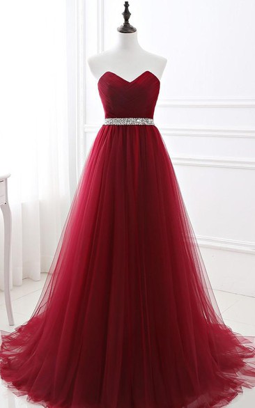 Tulle Floor-length Sweep Train A Line Sleeveless Romantic Formal Dress with Beading