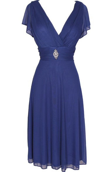 Short Sleeve V-neck Knee-length Chiffon Dress With Beading