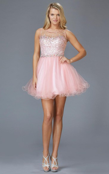 A-Line Mini Scoop-Neck Sleeveless Tulle Keyhole Dress With Beading And Ruffles