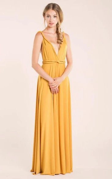 Deep-v Neck Backless A-line Jersey Long Dress With Sash