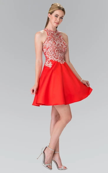 A-Line Short Jewel-Neck Sleeveless Satin Dress With Appliques And Beading