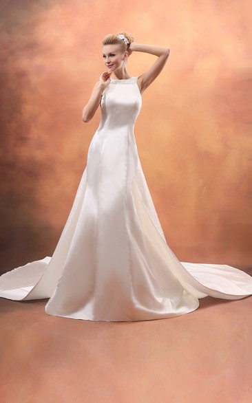 Chic Satin Dress With Beaded Neckline and Watteau Train