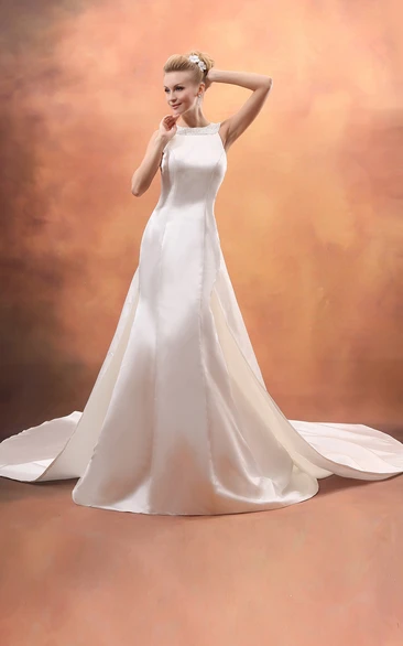 Chic Satin Dress With Beaded Neckline and Watteau Train