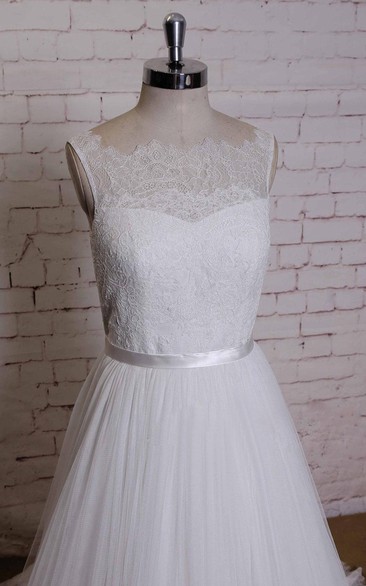 Sleeveless A-Line Dress With Lace Bodice and Satin Sash