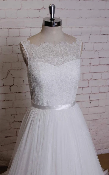 Sleeveless A-Line Dress With Lace Bodice and Satin Sash