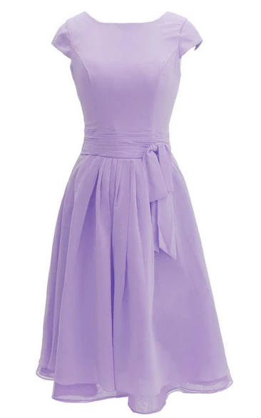 Cap-sleeved Knee-length Chiffon Dress With Ribbon