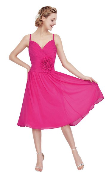 Sleeveless Tea-length Chiffon Dress With Flower