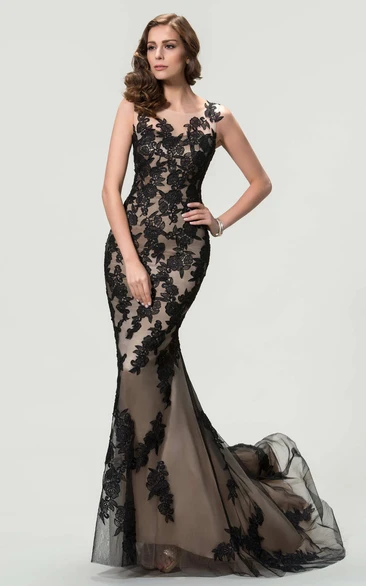 Sleeveless Bateau Neck Mermaid Long Lace Dress