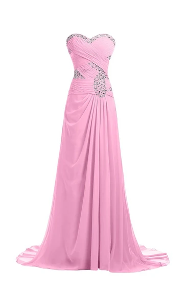 Sweetheart Rhinestoned Criss-cross Chiffon A-line Gown With Drapping