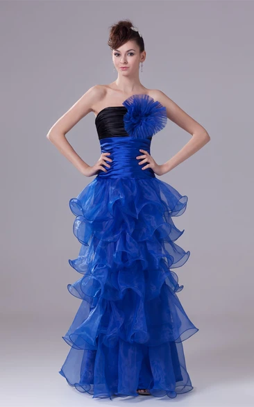 Ruched Floor-Length Sleeveless Flower and Gown With Tiers