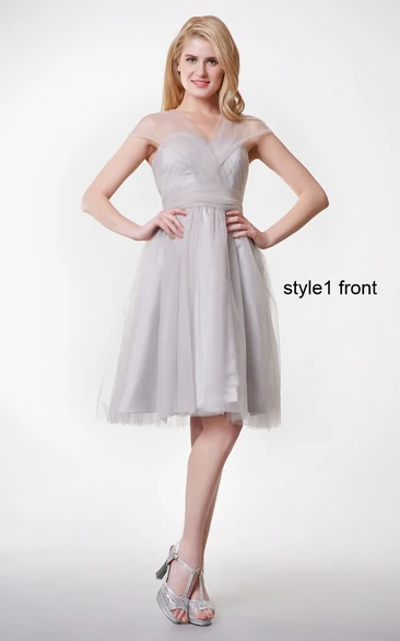 Convertible Cap Sleeve Ruched Short Tulle Dress With Pleats