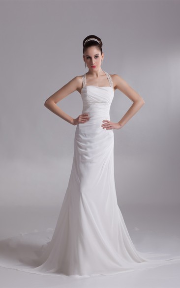 Ruched Maxi Sheath Halter and Gown With Beading