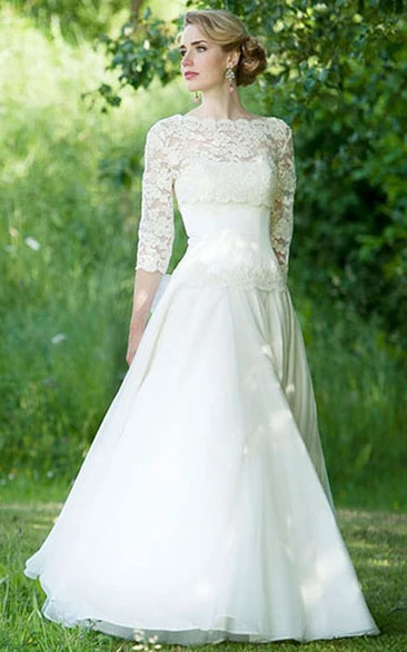 Bateau Floor-Length Lace 3-4-Sleeve Chiffon Wedding Dress