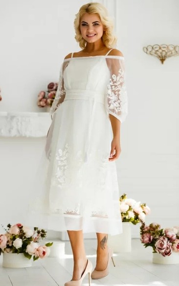 Ethereal A Line Tulle Tea-length 3/4 Length Sleeve Button Wedding Dress with Appliques