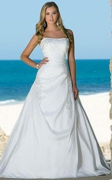 A-line Strapless Chapel Train Sleeveless Taffeta Beach Wedding Dresses for Brides