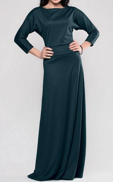 Bateau 3-4 Bat-wing Sleeve A-line Jersey Long Dress With Pleats