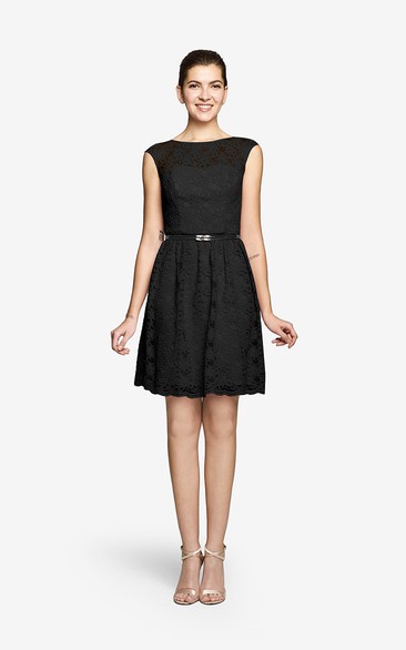 Lace Short Cap-Sleeved Dress With Keyhole Back