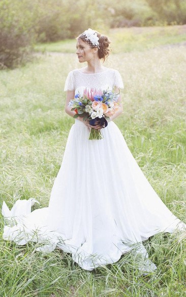 Jewel Short Sleeve Long Chiffon Wedding Dress With Sash And Low-V Back