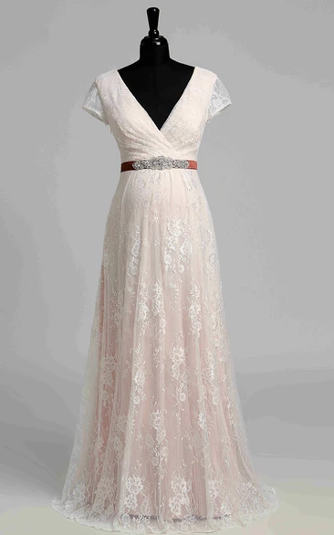 A Line Garden Cap Short Sleeve Maternity Wedding Dress