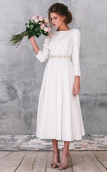 Natural Long Sleeve Taffeta Weddig Dress