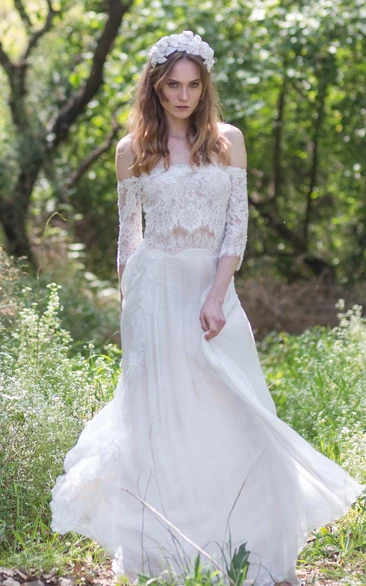 Off-the-shoulder Lace Chiffon Boho Wedding Dress With Corset Back