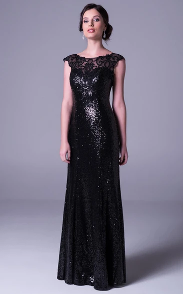 Sheath Appliqued Scoop-Neck Cap-Sleeve Floor-Length Sequins Prom Dress