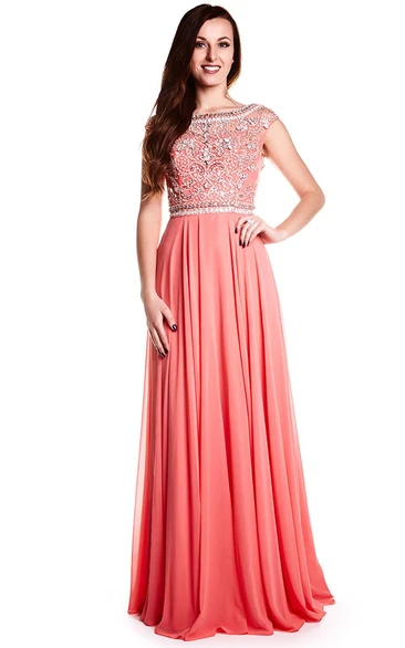 Bateau Neck Crystal Cap Sleeve Chiffon Prom Dress With Keyhole