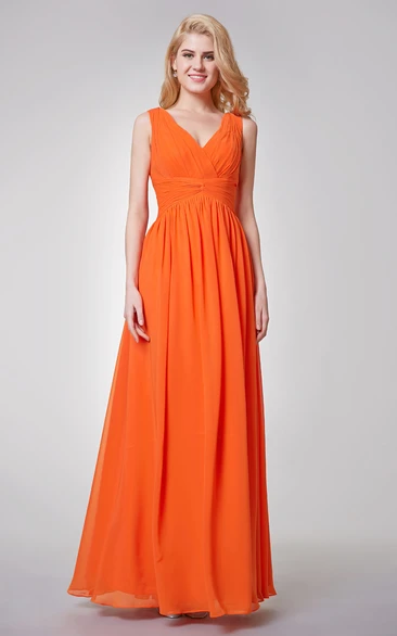 V-neck Pleated A-line Long Chiffon Dress With Ruched Waist