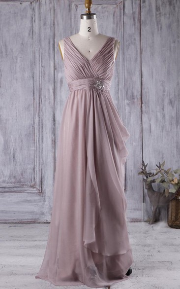 V Neck V Back Draped Empire Chiffon Long Dress With Beading