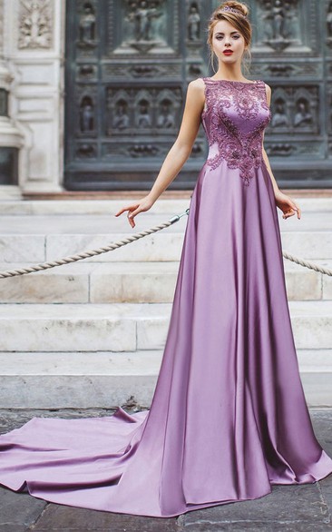 A-Line Court Train Bateau Sleeveless Satin Beading Appliques Illusion Dress