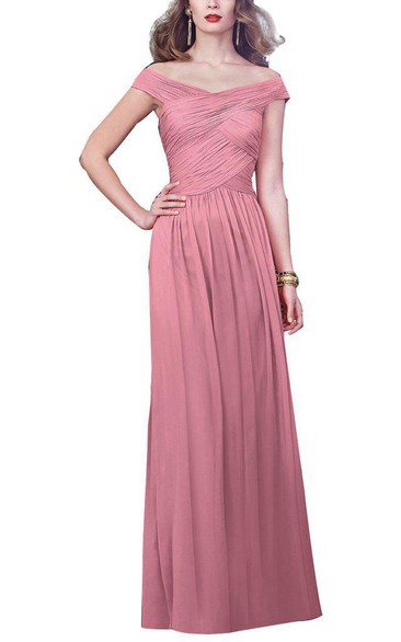 Off-the-shoulder Ruched Long Bridesmaid Dress with Zipper Back