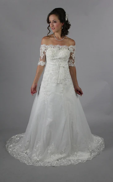 Off-The-Shoulder Half Sleeve A-Line Lace Dress With Lace-Up Back