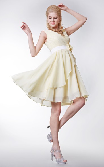 Cap-sleeved V-neck Knee Length Chiffon A-line Dress With Satin Sash