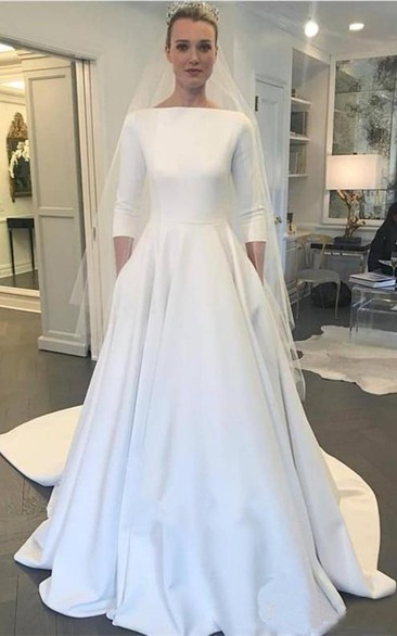 Modest Satin A-line 3/4 Sleeve Wedding Dress with Full Covered Back